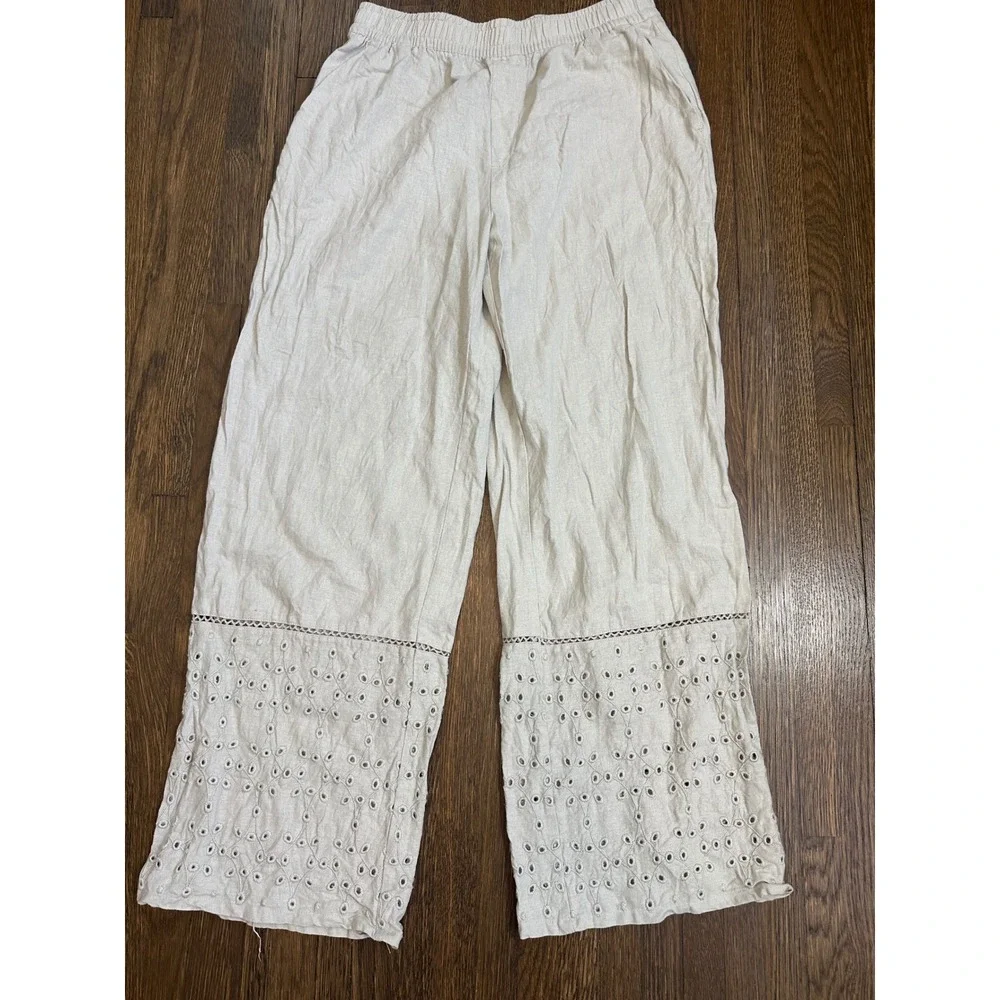 Zara Linen Blend Wide Leg Eyelet Embroidered Pants Beige Small Boho Trousers(48)